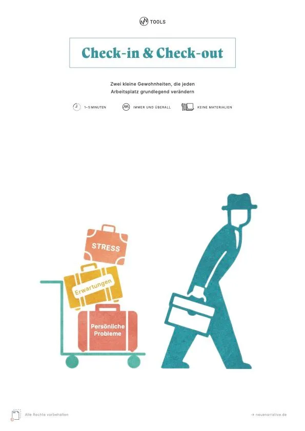 Eine Person mit Aktentasche und verschiedenen Koffern auf dem Cover zum Tool: Check-in & Check-out