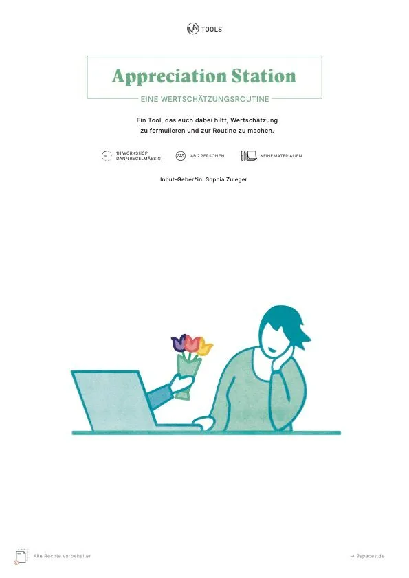 Person, Blumenstrauß und Laptop auf dem Cover der Tool-Anleitung