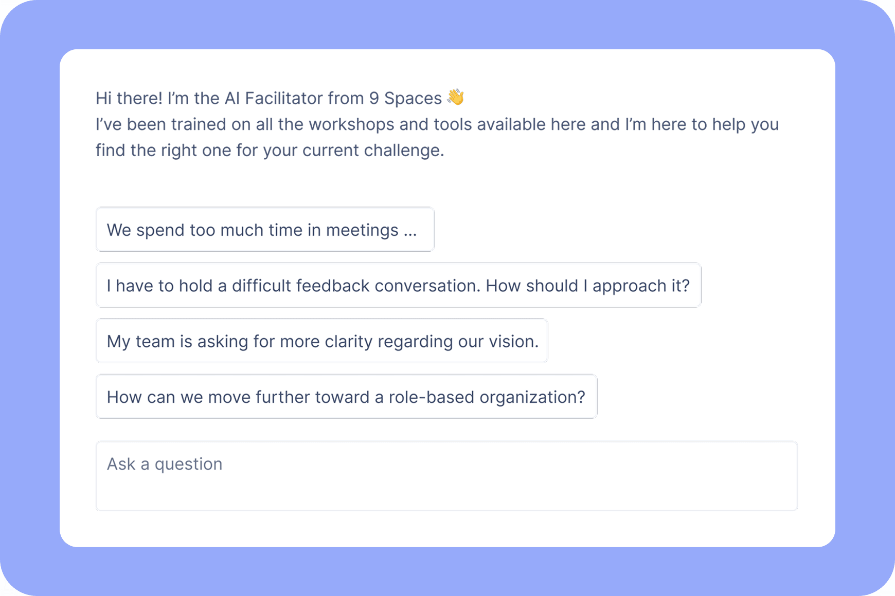 Screenshot showing the 9 Spaces AI facilitator