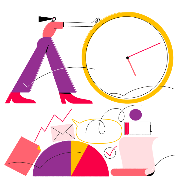 Eine Illustration mit einer Person, einer Uhr und kleinen grafischen Elementen