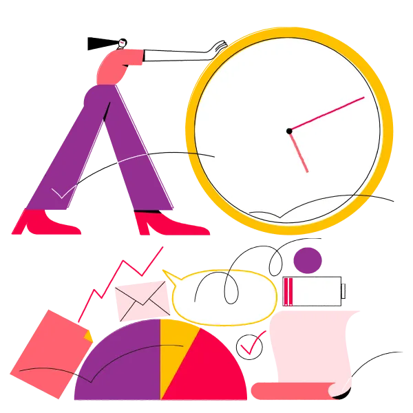 Eine Illustration mit einer Person, einer Uhr und kleinen grafischen Elementen