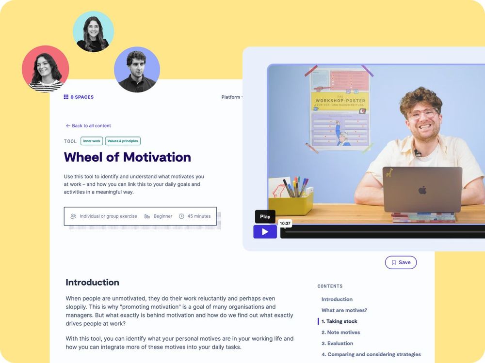the tool detail page of "Wheel of Motivation", a video tutorial and icons of the 9 Spaces Consultants