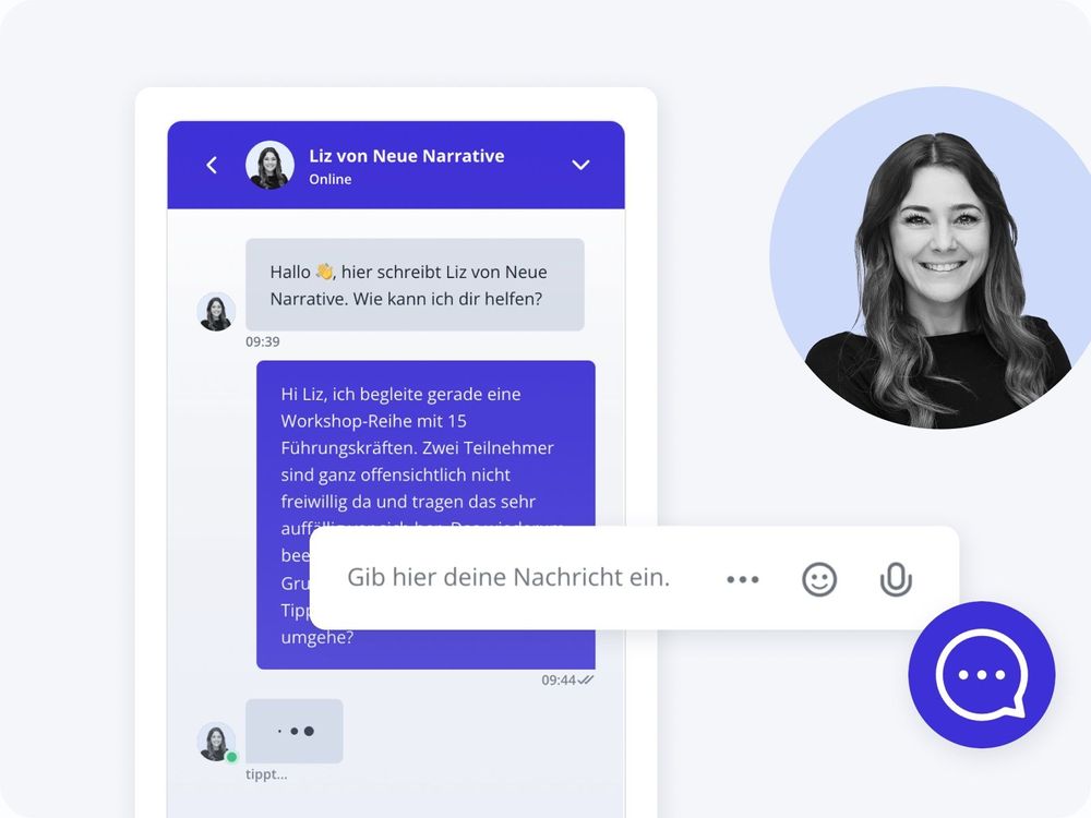 Chat-Fenster mit einer Beraterin namens Liz von Neue Narrative, die auf eine Frage zu einer Workshop-Reihe für Führungskräfte antwortet. Im Eingabefeld steht 'Gib hier deine Nachricht ein.' Rechts daneben ein Profilbild der Beraterin.