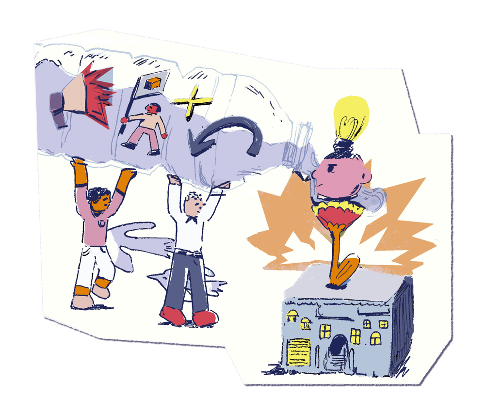 Schnipsel von zwei Personen die eine Wasserflasche benutzen um einen Kopf mit Glühbirne zu gießen, der aus einem Haus raus wächst.