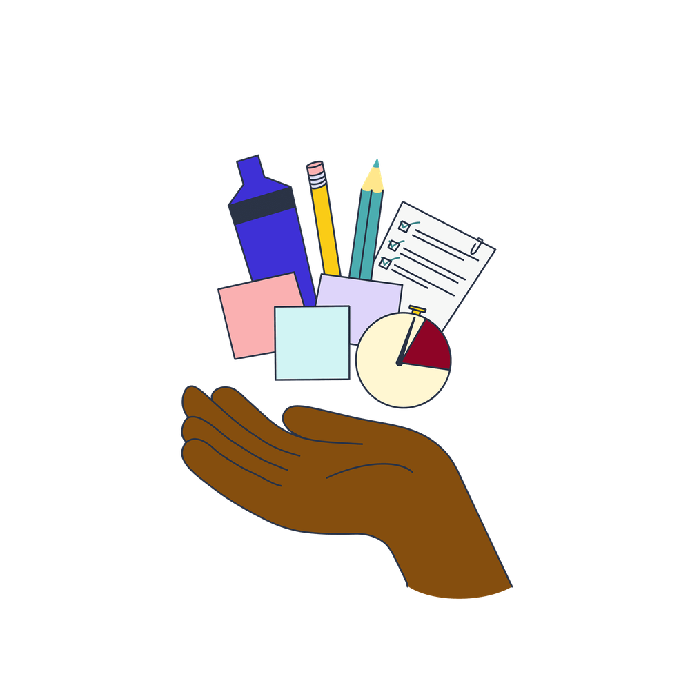 Eine Hand zeigt unterschiedliche Workshop-Materialien, wie beispielsweise Post-it's, Stifte und ein Textmarker