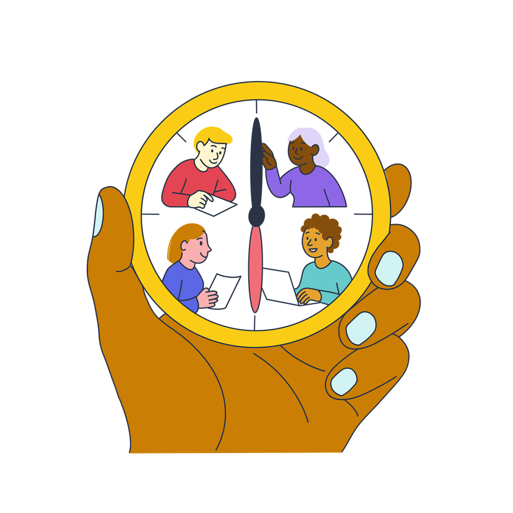 Eine Hand hält einen Kompass. In diesem sind unterschiedliche Menschen beim Arbeiten dargestellt.