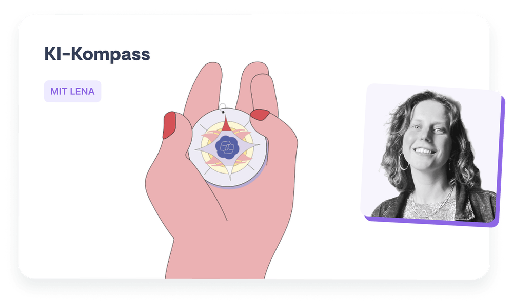 KI-Kompass mit Lena Portrait von Lena von 9 Spaces mit Tool Illustration von einer Hand mit Kompass