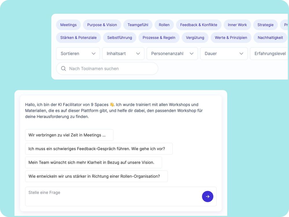 Auszug aus dem 9 Spaces KI-Facilitator und den Filter-Möglichkeiten 