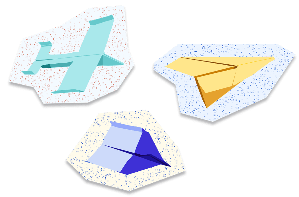 3 unterschiedliche Papierflieger die von links unten nach rechts oben fliegen, und jeweils mit einer Ausschnittform, wie ein Papierschnipsel hinterlegt sind.