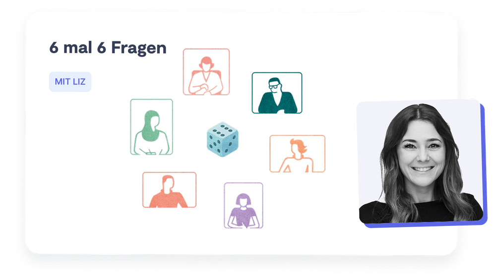6x6 Fragen mit Liz Portrait von Liz von 9 Spaces mit Tool Illustration von 6 Personen und einem Würfel