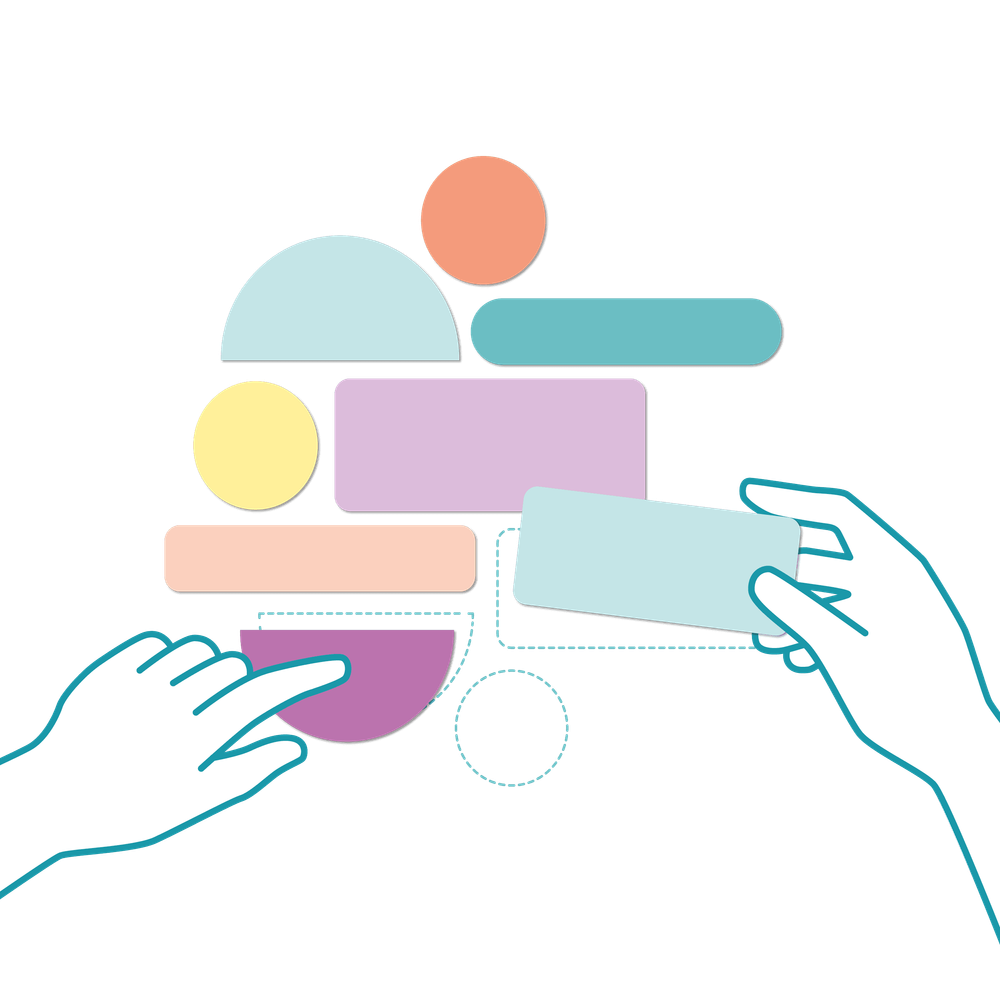 Illustration von Händen, die verschiedene bunte Bausteine anordnet