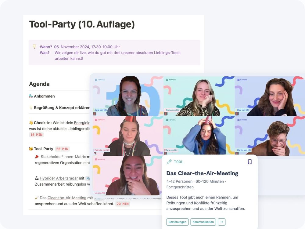 Agenda der 10. Tool-Party zusammen mit den Redner*innen und einem der vorgestellten Tools "Clear the Air Meeting"