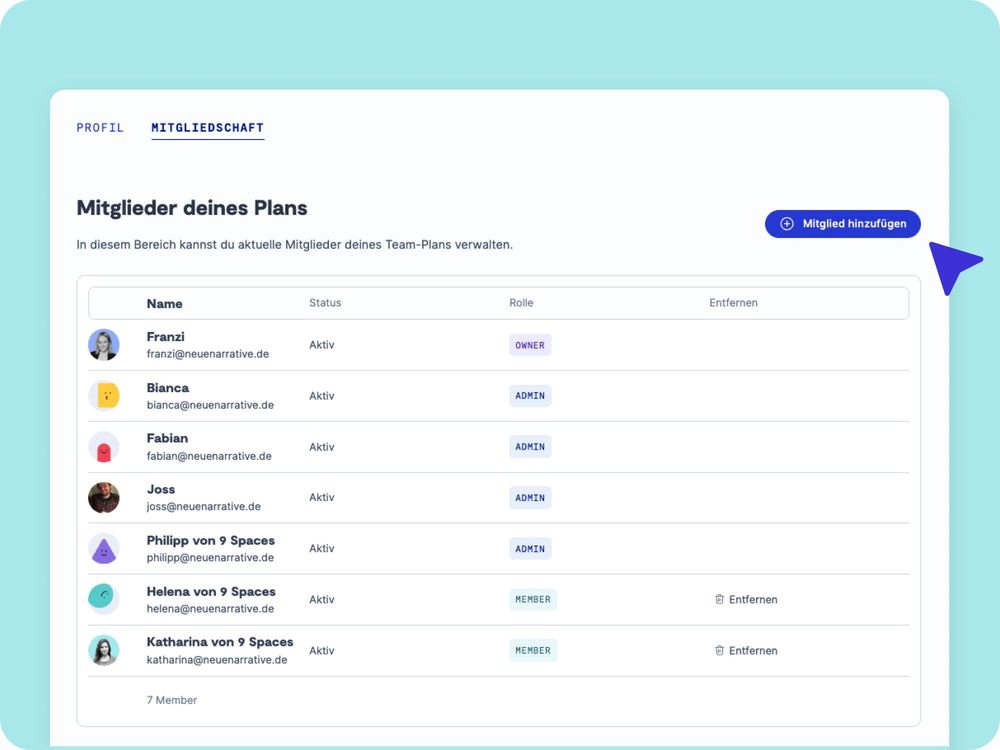 Screenshot des neuen 9 Spaces User Managements