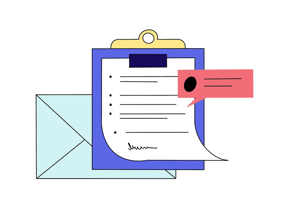 Clipboard with a note on it, a red speech bubble, and a turquoise envelope in the background