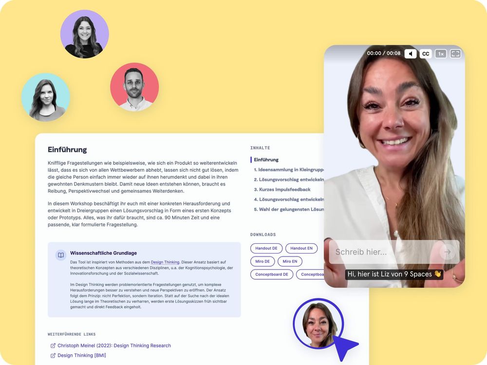 Screenshots der 9 Spaces Workshop-Hotline