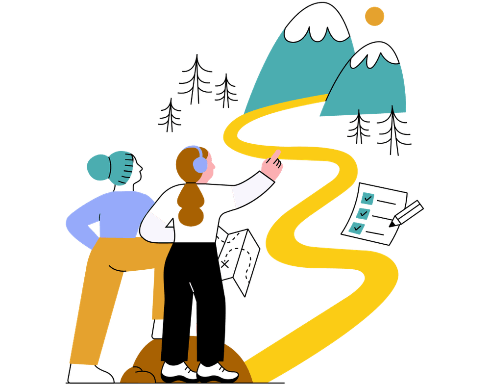 Zwei illustrierte Personen, die auf einem eingezeichneten Weg stehen und Richtung Berge schauen