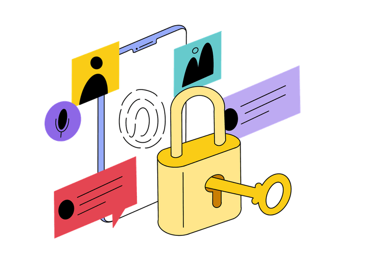 Illustration of a padlock with a key, alongside notes and a user figure