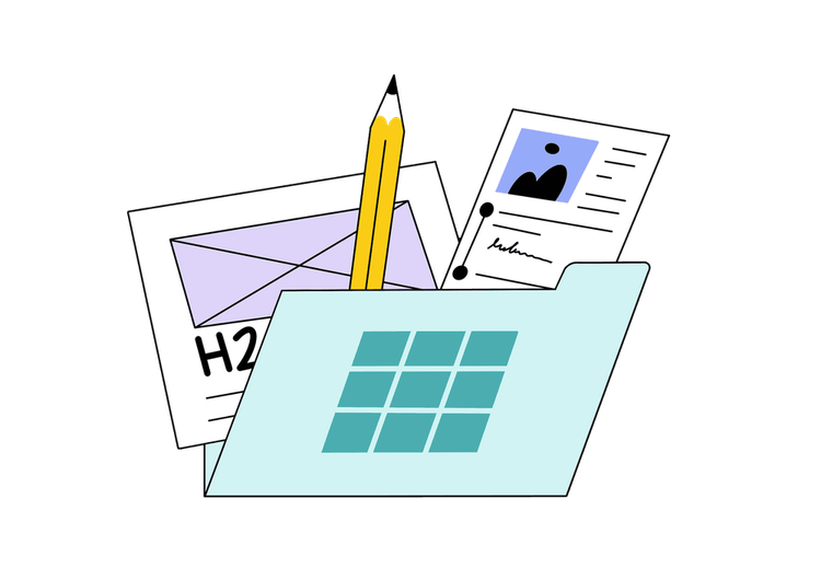illustration of a folder with layouts and a pencil sticking out