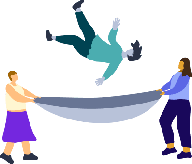 two people who catch another person with a safety net
