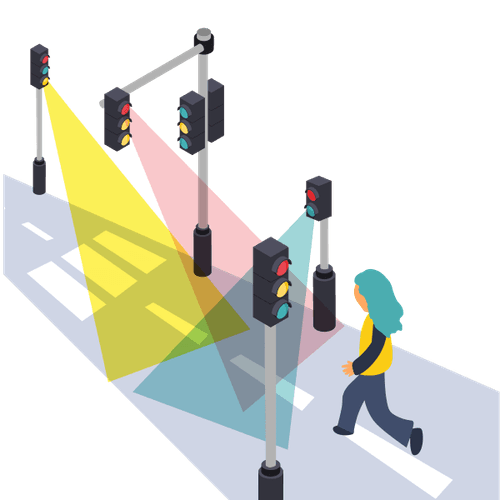 Illustration of a person walking down a street with a lot of traffic lights