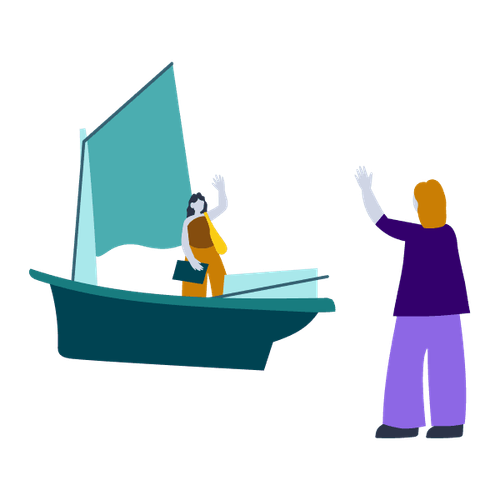 Two people waving each other goodbye whilst one of them sails away