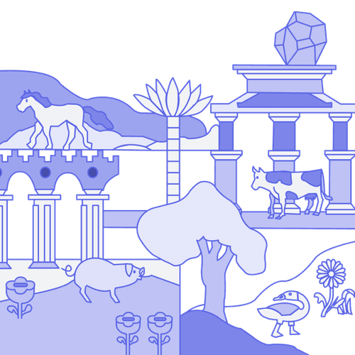 Illustration von Bäumen, Gebäuden und Tieren