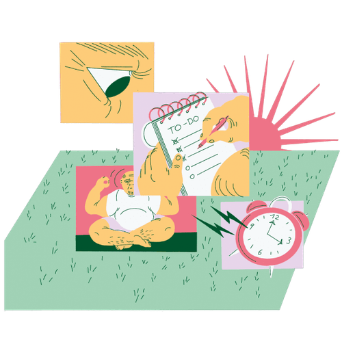 Illustration mit mehreren Szenen, die Elemente einer Fokusroutine zeigen – von Meditation über To-do-Listen bis zum Wecker.