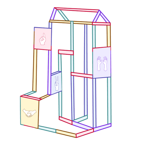 A climbing frame can be seen, with four signs symbolising different types of decision-making.
