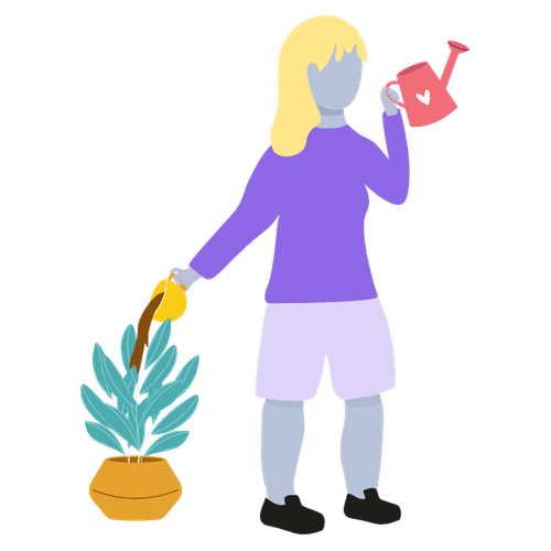 Illustration of a woman watering a plant with her coffee and holding a watering can in her other hand.