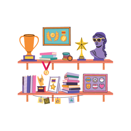 Ein Sideboard mit verschiedenen Spielelementen und Trophäen