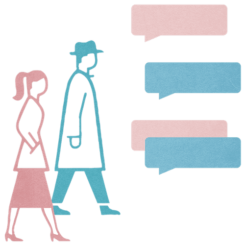 Two people walking with speech bubbles around them