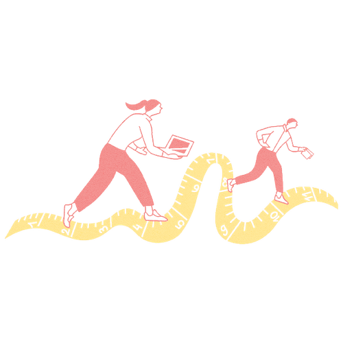 Cartoon depicting two people moving along a line.