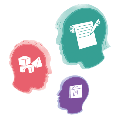 verschieden-farbige Köpfe mit Symbolen sind zu sehen