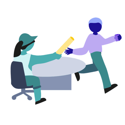 A person sitting at a work table hands the baton to another person.