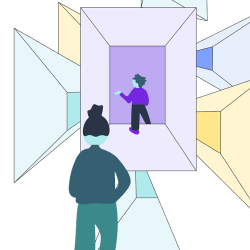 Illustration of a person walking through a futuristic door