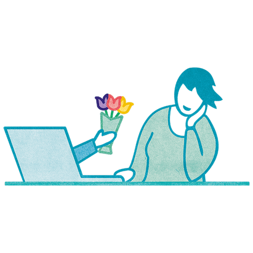 Person looking at a laptop screen with a hand coming out of it, handing her a bouquet of flowers