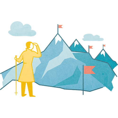 A figure looking into the distance at a mountain to be climbed