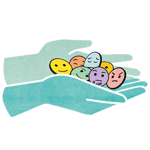 two hands holding "feedback" in the form of emojis