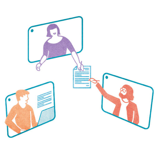 Illustration of three people shown on computer displays that work collaborately on a document